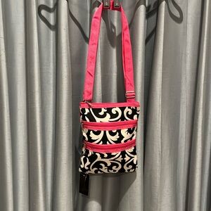 Black, White,  Pink Crossbody Passport Bag, 3 zipper pockets, Adjustable Strap